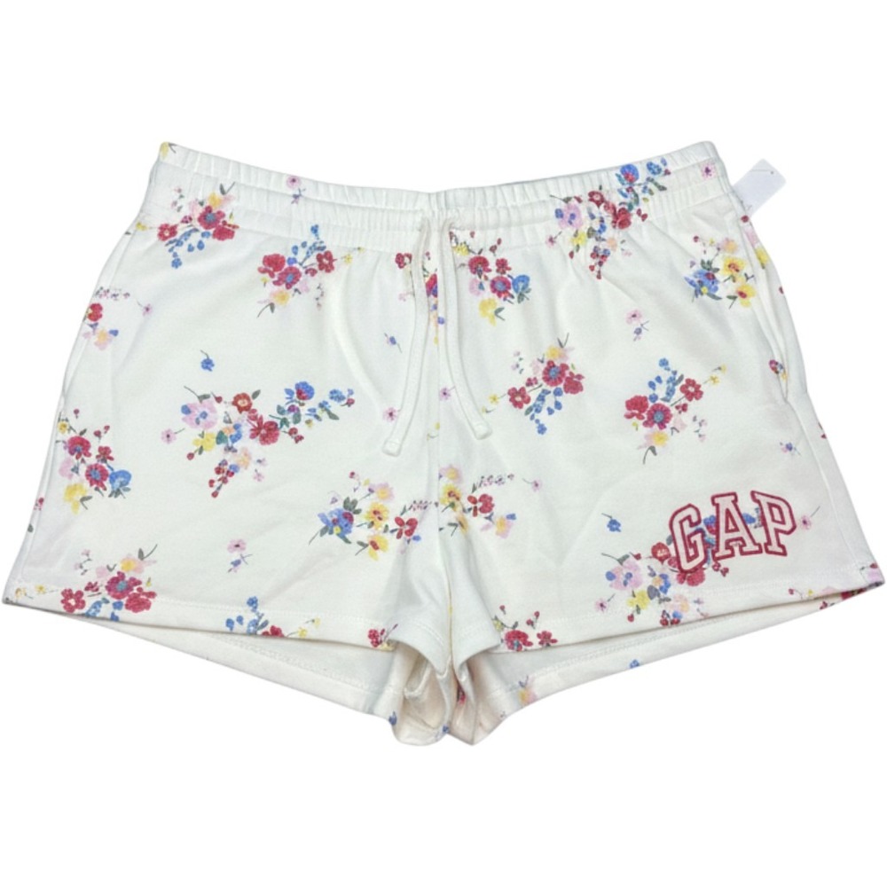 GAP Womens XL White Floral Fleece Lounge Shorts Drawstring Pockets Logo NEW